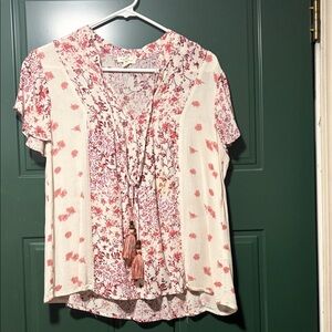 Floral Tassel V-Neck Blouse in Light Pink - Women